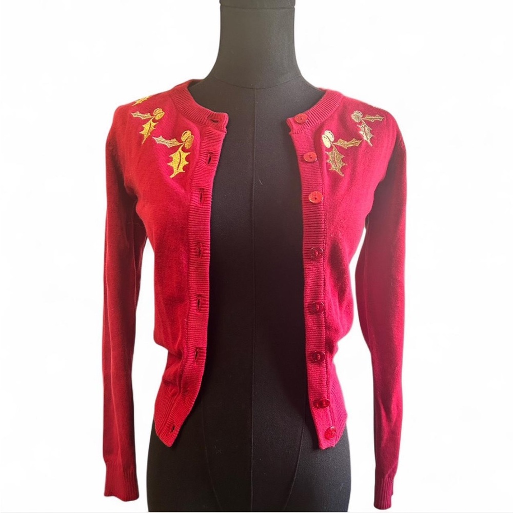 ModCloth/Collectif Red Embroidered Holiday Cardigan XXS